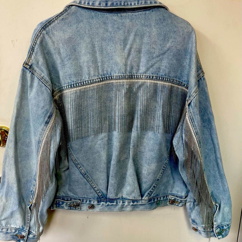 Steve Madden glitzy fringe denim jacket, light blue XS.